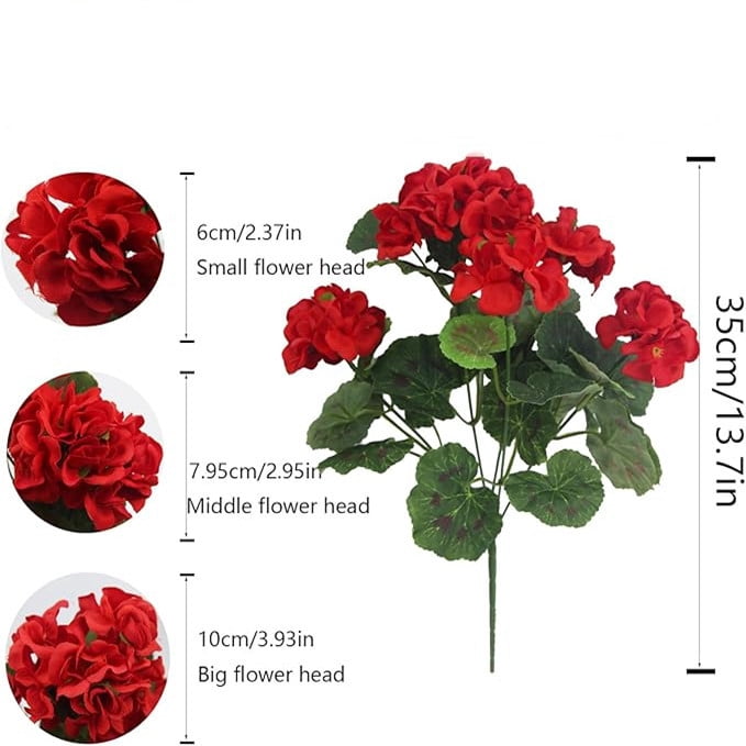 TETOU 12Pcs Artificial Geraniums Silk Flowers, 13.7"/35cm Bush Red Faux Geranium Flowers Plant for Outdoor Garden Hanging Basket Porch Home Decor