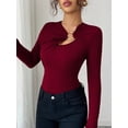 thumbnail image 4 of Women's Metal Ring Long Sleeve Asymmetrical Neck T Shirt Slim Fit Ruched Going Out Tops Wine Red XXL, 4 of 9