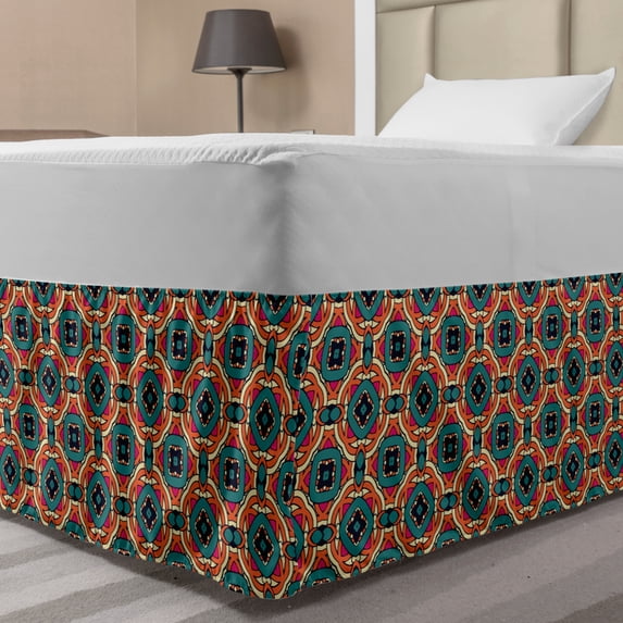 Ethnic Bed Skirt, Composition of Geometric Shapes Vintage Design on Warm Colored Background, Elastic Bedskirt Dust Ruffle Wrap Around for Bedding Decor, 4 Sizes, Multicolor, by Ambesonne