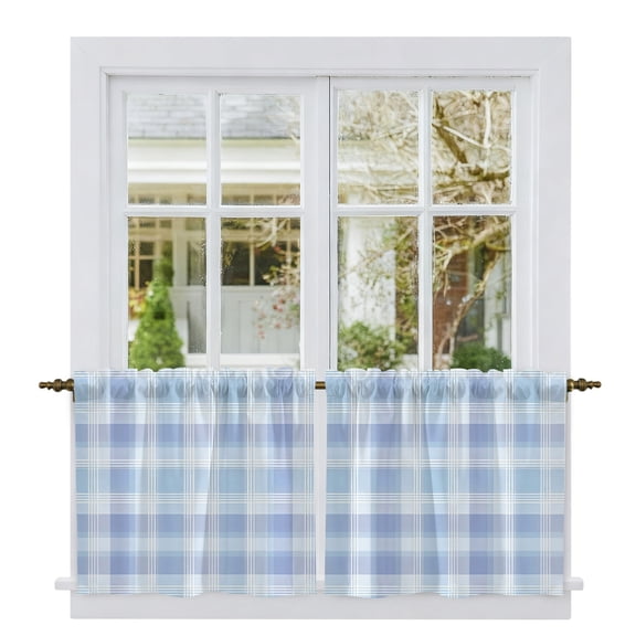 Farmhouse Blue Plaid Tier Curtains 36 Inch Length, Country Stripes Classic Check Cafe Short Curtains for Bathroom Over Sink, Small Kitchen Curtain Light Filtering Tiered Drapes 2 Panels 27.5"Wx36"L