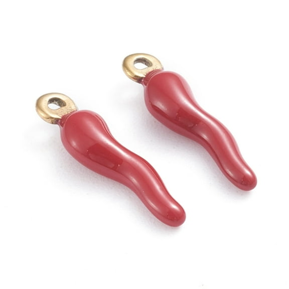 2pc Ion Plating(IP) 304 Stainless Steel Pendants Enamelled Sequins Horn of Plenty/Italian Horn Cornicello Charms Golden Dark Red 17.5x4.5x3.5mm Hole: 1mm