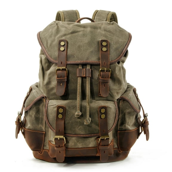 ISMART Waterproof Canvas & Genuine Leather Backpack, Travel, Hiking, School Bag