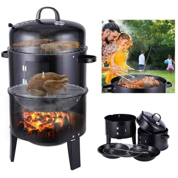 3-in-1 Portable Charcoal Smoker Vertical Home BBQ Grill Built-in Thermometer
