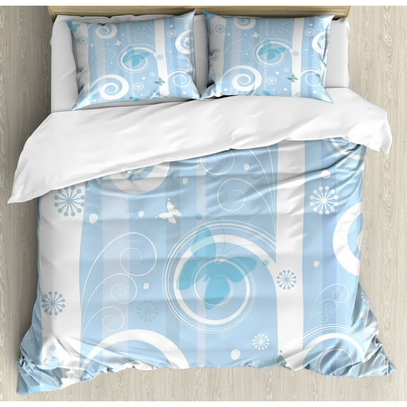Christmas Duvet Cover Set Queen Size, Swirled Lines Snowflakes and Butterflies Fantastic Festive Abstract Winter, Decorative 3 Piece Bedding Set with 2 Pillow Shams, Baby Blue White, by Ambesonne