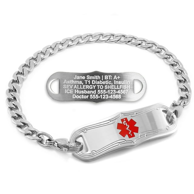 MedicEngraved Bracelet d'Alerte Médicale Personnalisé en Acier Inoxydable - Maillon Gourmette 5 mm