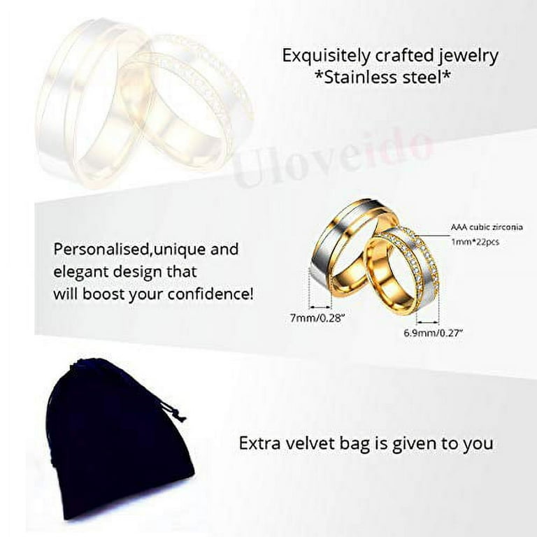 TT 14K Gold Plated Stainless Steel Eternity Band - Cubic Zirconia Wedding Ring Set For Men & Women (Sizes 5-15)