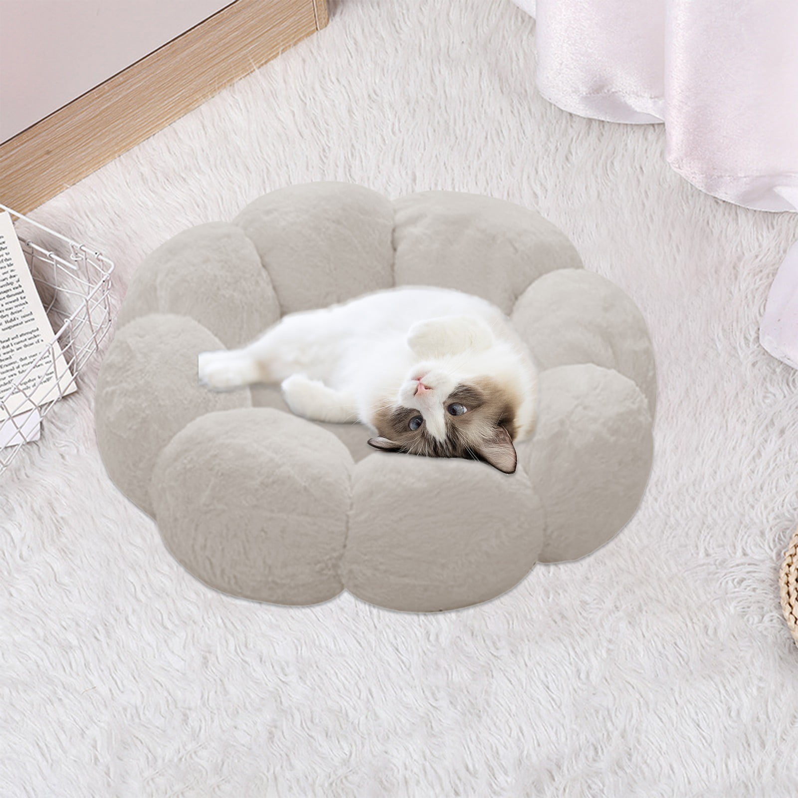Nebwoak Round Cat Bed Warm Rounded Petals Calming Dog Cats Bed Cuddler Warming Cozy Soft Bed Faux Furs Cushion Bed for Small Medium Dogs and Cats
