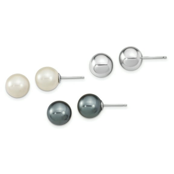 Primal Silver Sterling Silver Rhodium-plated 10-11mm White and Grey Imitation Shell Pearl 3 Earring Set
