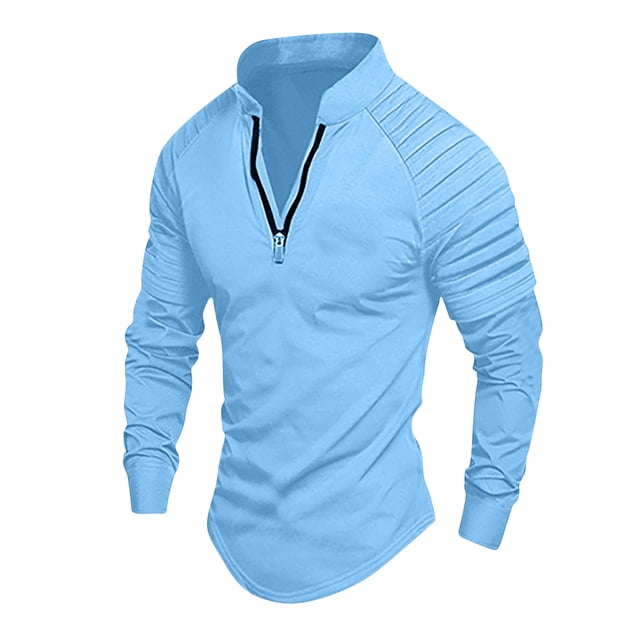RXIRUCGD Men's Solid Color Zippered Long Sleeved Sports Shirt, Sky Blue, Size: L