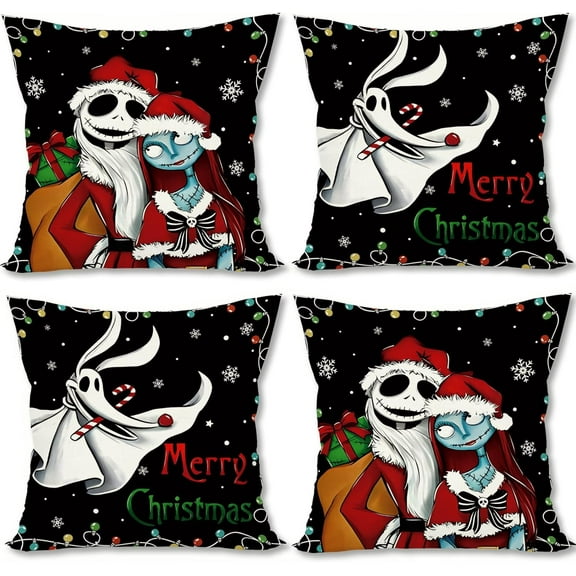 Nightmare Before Christmas Pillow Covers 18x18 Set of 4 Merry Christmas Xmas Winter Holiday Decorations and Supplies for Home Sofa Couch