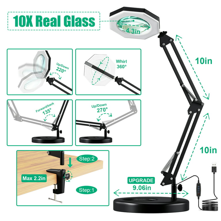 10X Magnifying Glass with Light and Stand, KIRKAS 3 Color Stepless Dimmable  Magnifying Lamp, 2-in-1 LED Work Deak Lamp & Clamp, Lighted Magnifying