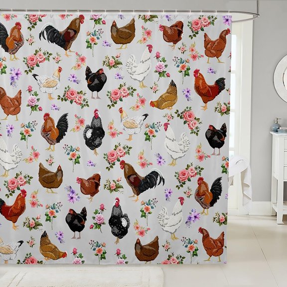 Farmhouse Chicken and Floral Shower Curtain for Bathroom Country Rooster and Roses Fabric Bath Curtain with Hooks 71x71 Inches