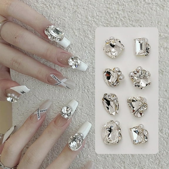 8 PCS Luxury 3D Pearl Rhinestone Nail Charms Set Heart, Snowflake, Round Design for Nail Art DIY Crafts