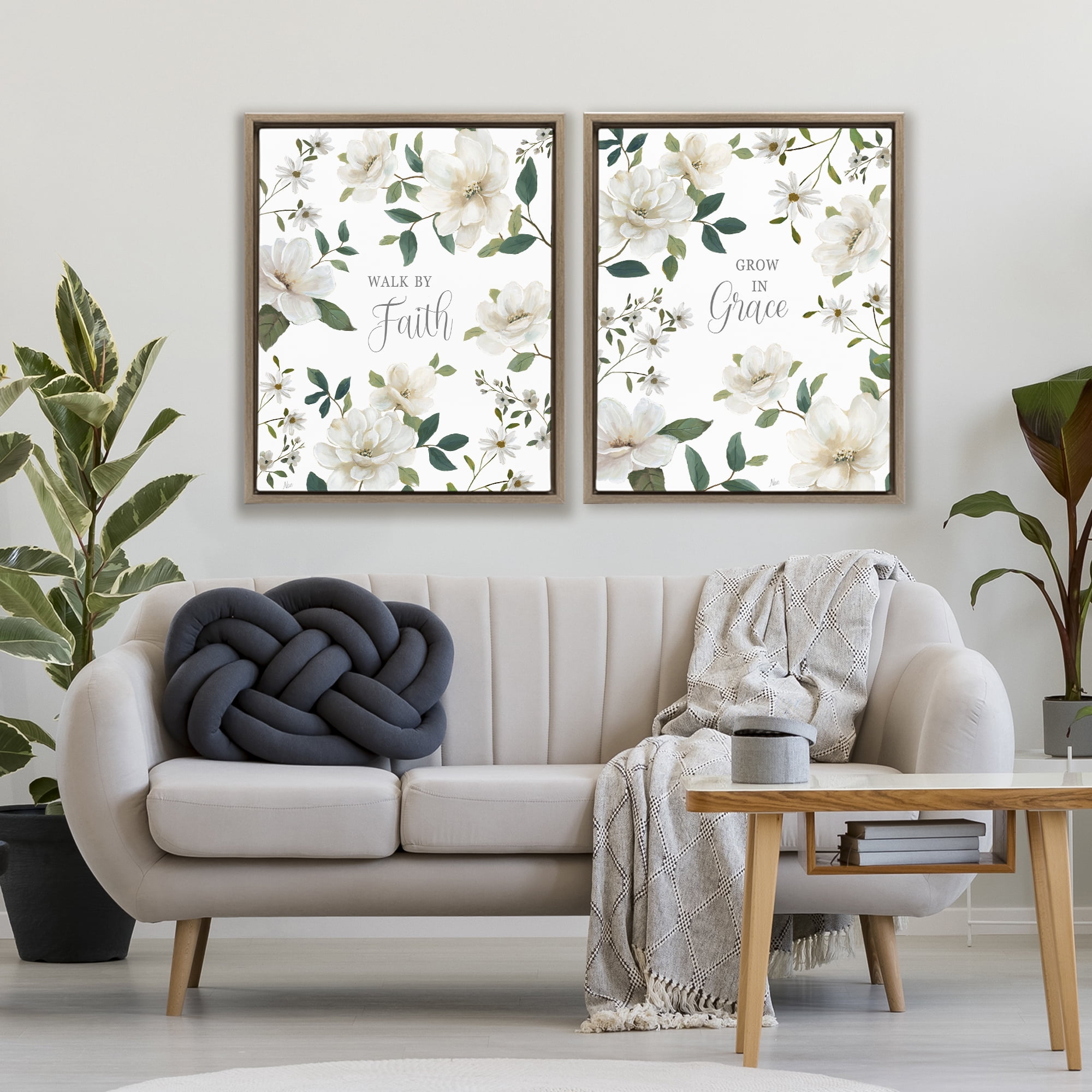 Stupell Industries Spiritual Faith Sayings with Florals 2 Piece Brown Framed Floater Canvas Set, design by Nan