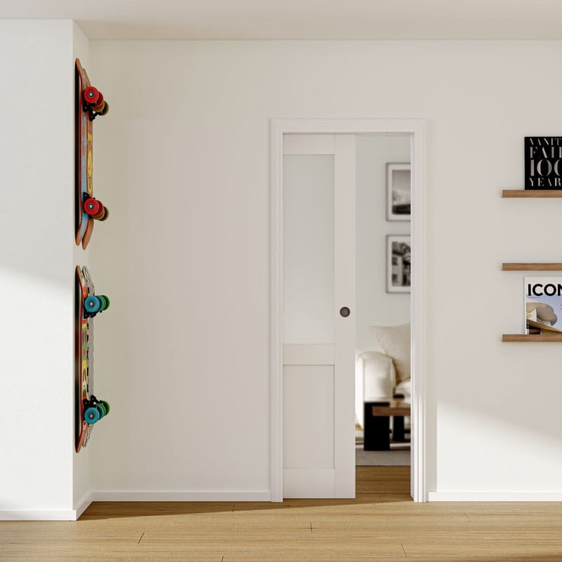 32" x 80" Sliding Pocket Doors Half Tempered Frosted Glass Closet Door with Frame & Hardware Kit Included, Interior Single Doors Easy Assembly