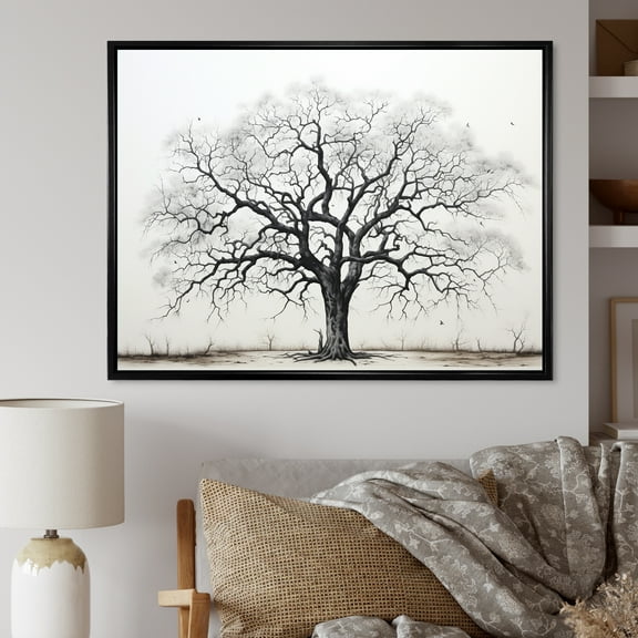 Designart "Oak Trees In Black And White II" Tree Oak Floater Framed Canvas Wall Art