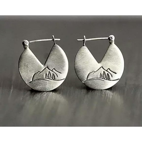 K-KED Women Vintage Style Carved Forest Moon Dangle Earrings Silver Plated Jewelry-8# Mountain