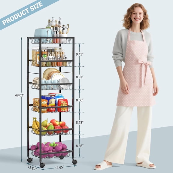 6-Tier Metal Wire Fruit Vegetable Storage Cart with Wheels, Rolling Kitchen Pantry Organizer Rack for Living Room Bathroom