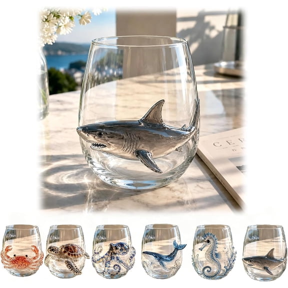 3D Ocean Octopus Drinking Glass,Artisanal Handmade Blue Ringed Octopu Glassware,Coastal Home Decor Gift for Ocean Lovers(Shark)