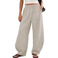 thumbnail image 2 of Women's Wide Leg Linen Balloon Pants Drawstring Elastic Waist Pants with Pleated Pockets Casual Flowy Summer Work Pants Beige, 2 of 9