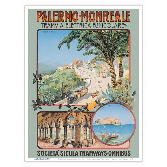 Palermo to Monreale Sicily Southern Italy - by Funicular Electric Tram - Vintage Railroad Travel Poster c.1900 - Master Art Print (Unframed) 9in x 12in