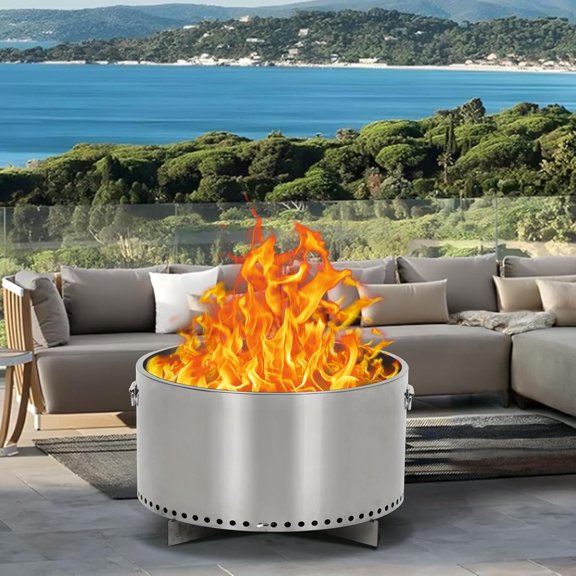 20.5 Inch Smokeless Fire Pit with Air Switch, Portable Outdoor Stainless Steel Firepit with Removable Ash Pan, Wood Burning Stove for Outside Camping Backyard Patio Bonfire, 360° Wide Warm, Silver