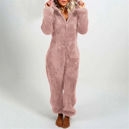 

Women s Cute Sherpa Romper Fleece Onesie Pajama One-Piece Zipper Plus Size Hooded Jumpsuit Plush Sleepwear Playsuit