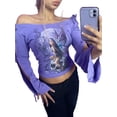 thumbnail image 2 of hirigin Women Off-shoulder Crop Tops Elf Print Bandage Cutout Casual Long Sleeve T-shirt Streetwear Clubwear, 2 of 5