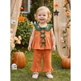 thumbnail image 6 of RUINIXCW Toddler Baby Girl Halloween Outfit Infant Baby Girls Summer Fall Clothes Pumpkin Embroidery Peter Pan Collar Babydoll Shirt Top and Flared Pants Set, 6 of 9