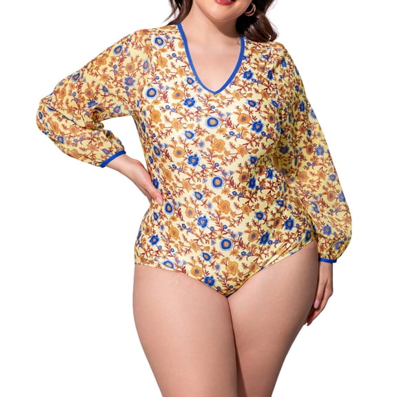 MGDXOX Plus Size Women's Long Sleeve Floral Print Monokini V Neck Sheer Back Tummy Control One Piece Swimsuit Yellow XXXXL