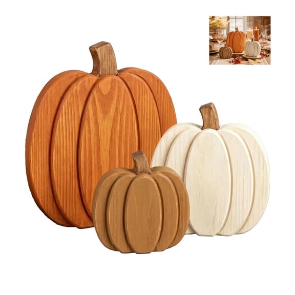 AOKISEN Wooden Pumpkins Set of 3, Fall Thanksgiving Tabletop Decor, Rustic Wood Pumpkin Ornament, for Mantel Fireplace Autumn Decor