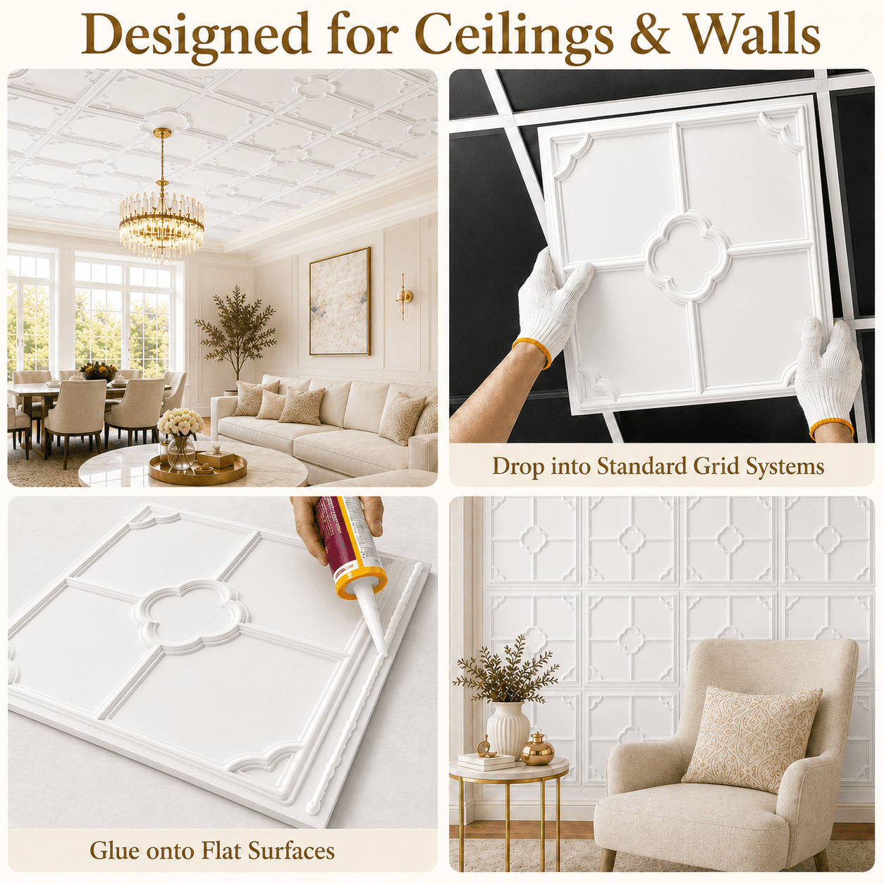 Yeslife 12-Pack Decorative Ceiling Tiles, 2 x 2 ft White Embossed Panels, Waterproof Lightweight Drop-in Glue-up for Living Room Kitchen Bathroom, 48 sq ft