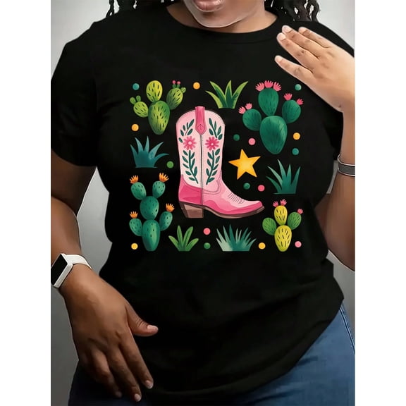 Casual Short Sleeve T-Shirt for Women, White Western Graphic Cowboy Boot Cactus Print