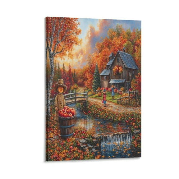 Autumn Cabin Fall Forest Lake Tree Leaves Canvas Wall Art for Bedroom Thanksgiving Seasonal Holiday Canvas Wall Art Pictures Wall Decorations for Bedroom Canvas Prints 8x12inch Framed Artwork