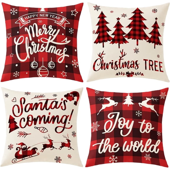 Plaid Christmas Pillow Covers 18x18 Buffalo Check Set of 4 Red Black Christmas Decorations Farmhouse Throw Pillow Covers Winter Holiday Linen Cushion Case for Home Sofa Couch Bed Chair