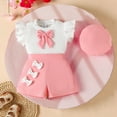 thumbnail image 2 of Zanarzt Toddler Girls Clothes Baby Girl Summer Clothes Ruffle Bow Short Sleeve Ribbed Shirt Bow Skirt with Hat Pink,2-3 Years, 2 of 9