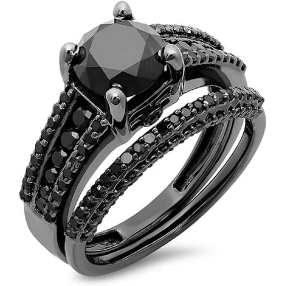 Dazzlingdaimonds jewels Women's 2.40 Ct Round Cut Black Diamond Engagement Wedding Thanksgiving Christmas Bridal Ring Set 14K Black Gold Plated 925 Sterling Silver -8.5