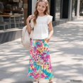 thumbnail image 6 of COEQINE Girls Wide Leg Long Pants with Ruffle Straight Leg High Waisted Summer Trousers Stylish Outfits Flowy Playwear for 5-6 Years Kids, Pink Yellow Teal Tie-dye, 6 of 8