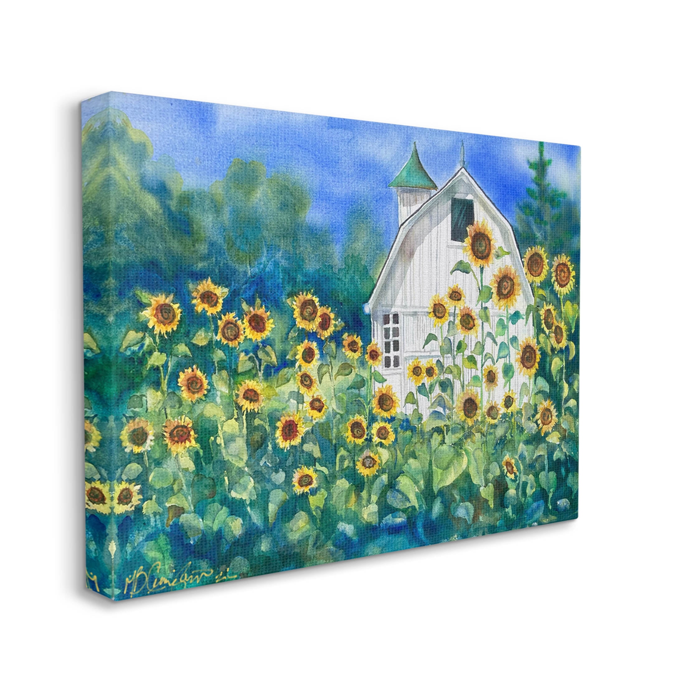 Tall Sunflowers Country Barn Landscape Painting Gallery Wrapped Canvas Print Wall Art