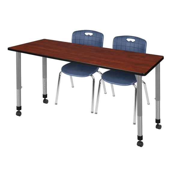Regency Kee 60 x 24 in. Mobile Adjustable Classroom Table- Cherry & 2 Andy 18 in. Stack Chairs- Blue & Grey Base