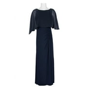 Adrianna Papell Boat Neck Embellished Shoulder 3/4 Sleeve Cape Solid Chiffon Dress-MIDNIGHT