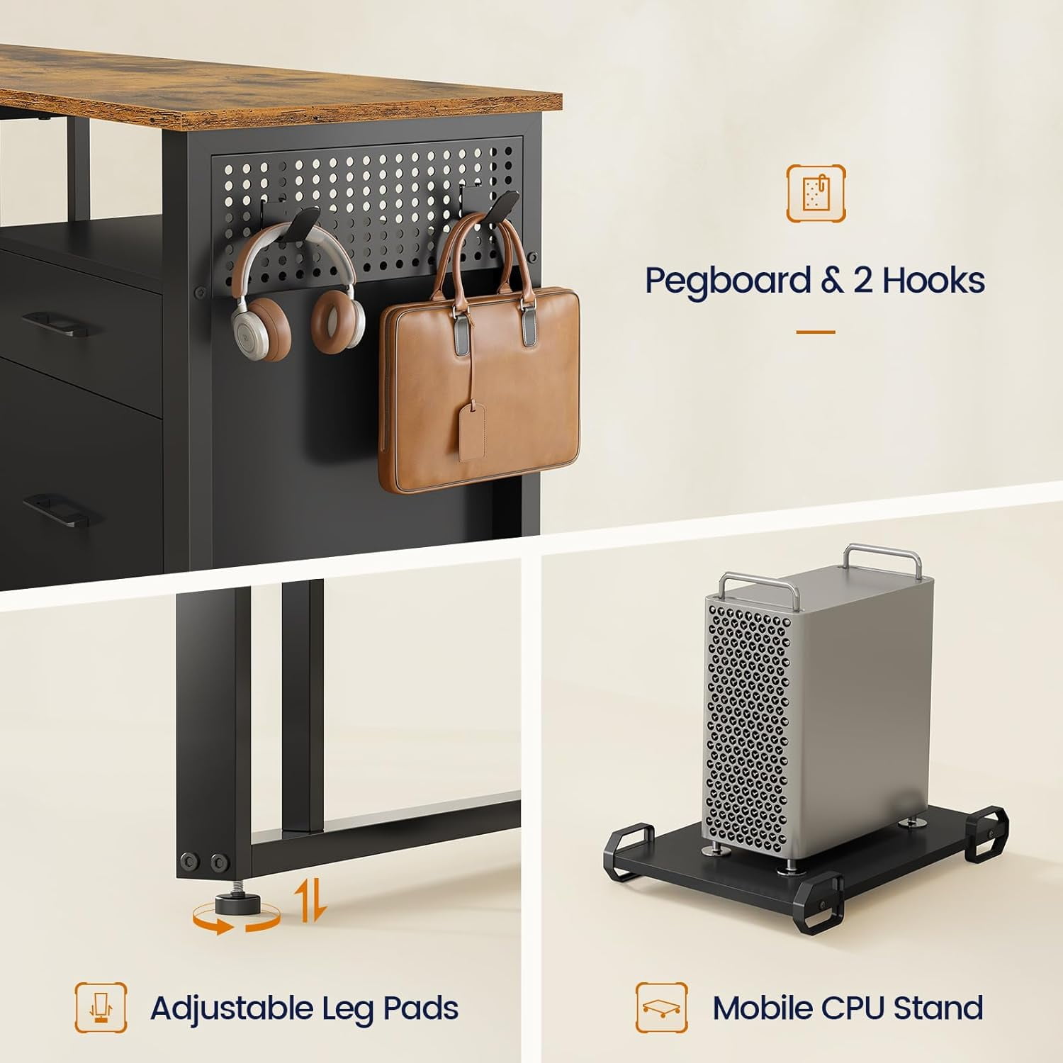 71 in Executive Desk with Power Outlets, Large Office Desk Computer Desk with Pegboard,Reversible L Shaped Desk with File Drawers & Storage Shelves,  Mobile CPU Stand