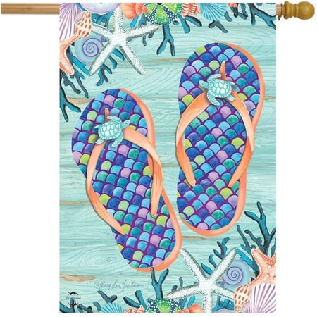 SAYTAY Enjoy Life Flip Flops Summer House Flag Nautical 28  x 40 Authentic Briarwood Lane Craftsmanship Bright Crisp Original Artwork from the Briarwood Lane 2022 Collection 100% All-Weather Polyester for Exceptional Fade Resistance - 28  x 40  Single Sided Text; Vibrant Double Sided Image Sewn in Sleeve Fits all Standard House Flag Poles (pole not included)
