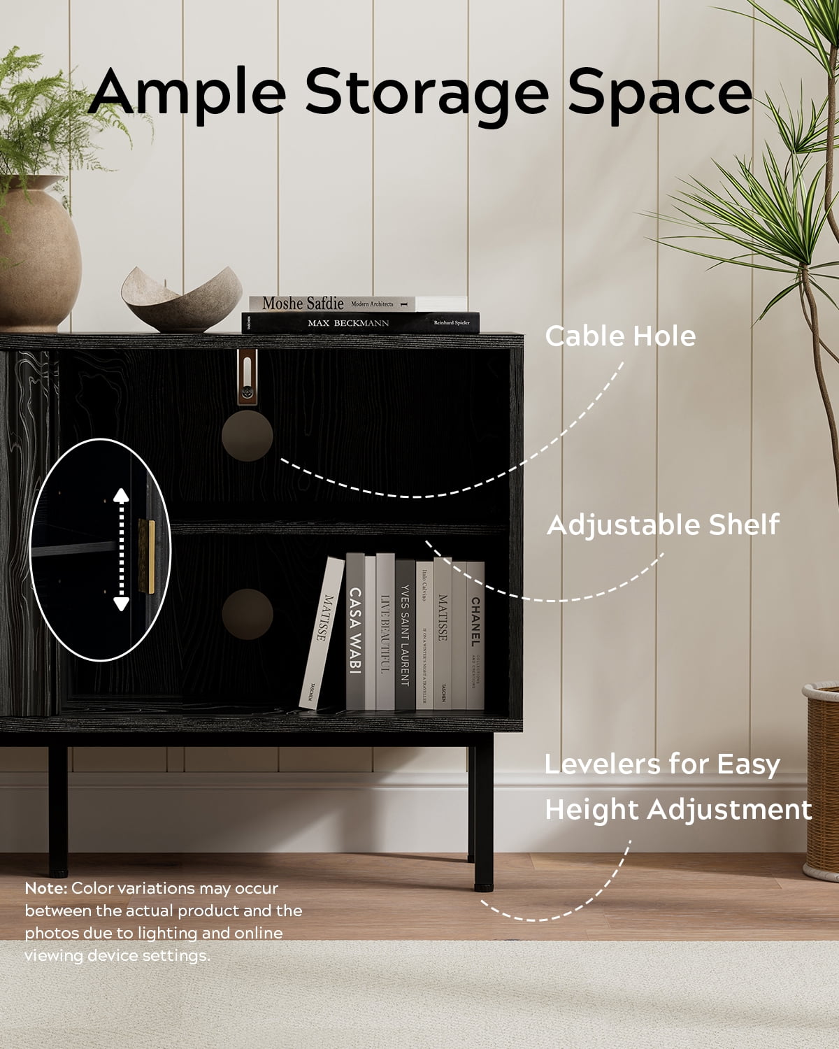 EYYTHUNG Fluted TV Stand with Sliding Doors, 47" Mid Century Entertainment Center with Adjustable Shelf, Wooden Media TV Console with Storage Cabinet, Black