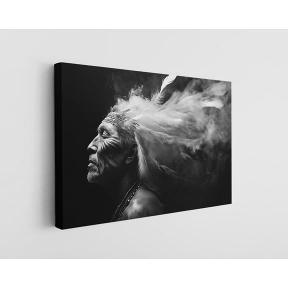 Native Warrior Canvas Print - Black and White Cultural Artwork - High-Quality Handcrafted Wall Decor - Powerful Indigenous Art Piece