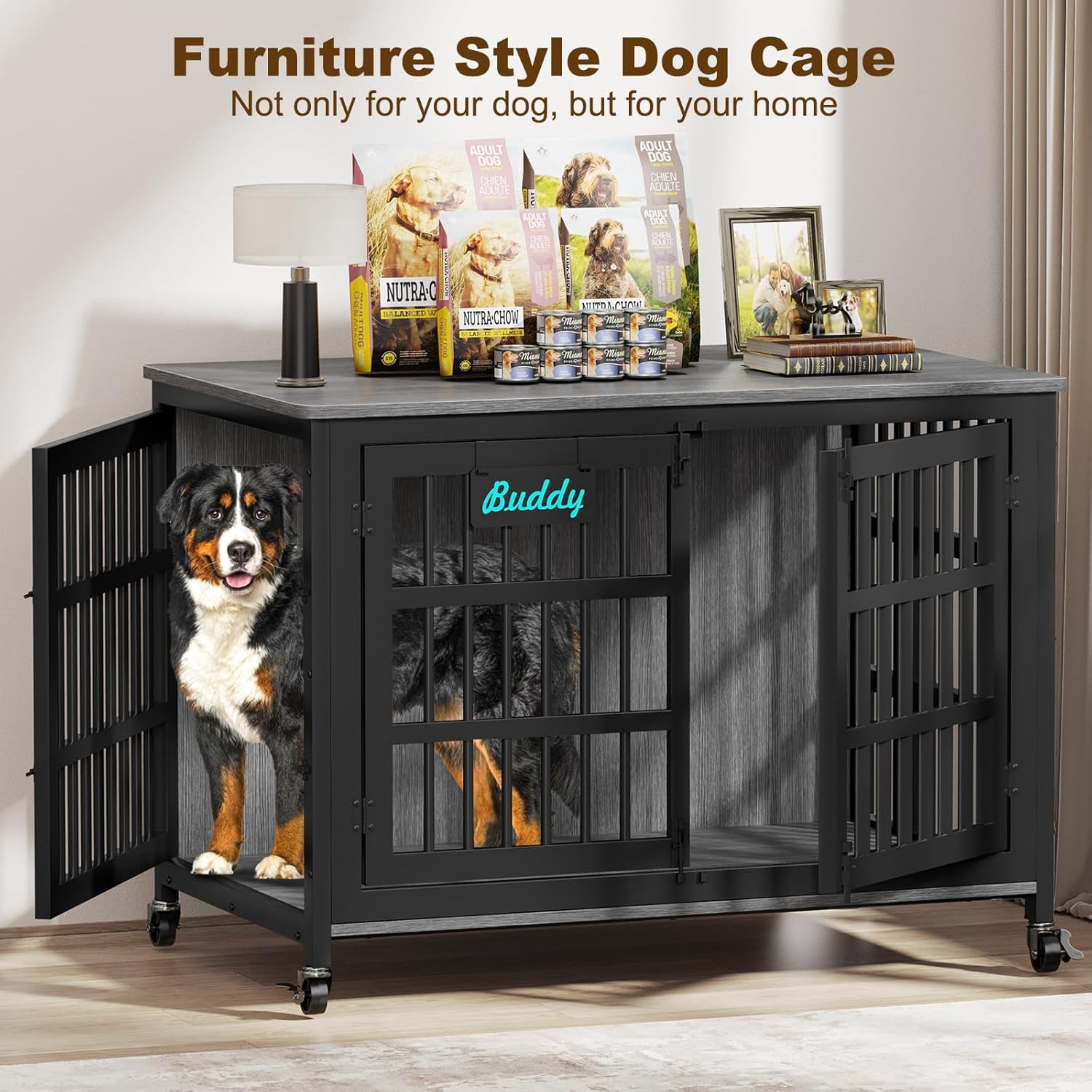 POAO 48"Dog Crate Furniture with Name Tag, Heavy Duty Dog Kennel Indoor for Large Dog, Escape-Proof &Chew-Proof Dog Cage for High Anxiety Dog