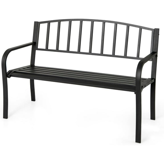 YEXJ Metal Outdoor Bench, 660lbs Patio Garden Bench with Backrest, Curved Armrests, Slatted Seat for 2-3 Persons, Heavy-Duty Outside Seating Loveseat for Yard, Porch, Park