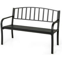 YEXJ Metal Outdoor Bench, 660lbs Patio Garden Bench with Backrest, Curved Armrests, Slatted Seat for 2-3 Persons, Heavy-Duty Outside Seating Loveseat for Yard, Porch, Park