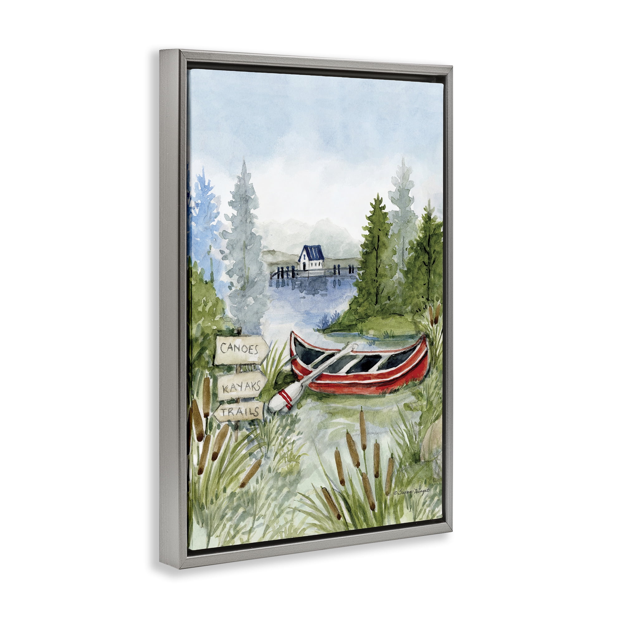 Stupell Industries Canoe On Lake Gray Framed Floater Canvas Wall Art, design by Susan Winget