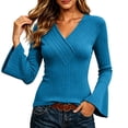 thumbnail image 5 of CQONEPT Womens Ribbed Knit Bell Sleeve Tops Plain Slim Fit V Neck Blouses Dressy Casual Going Out Shirt Tees Daily Wear Work Office Fall Outfits M, 5 of 7